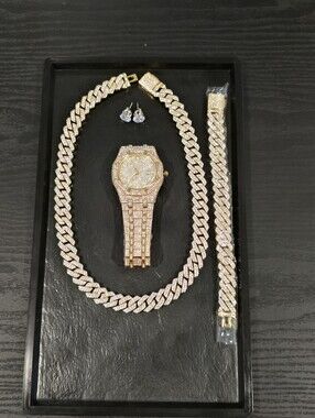 Qorn Father’s Day Drip 14mm 2-Row 18K Gold 5X Plated Cuban Set & 44mm Iced Watch